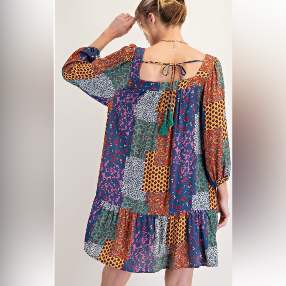 easel Multicolor Patchwork Square-Neck Peasant Dress - Picture 4 of 13